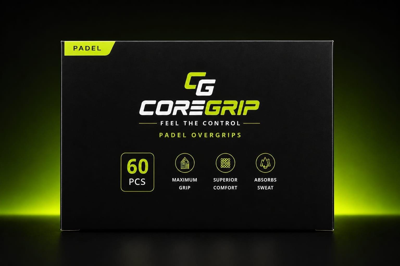 Official CoreGrip black 60-piece box of premium white padel overgrips