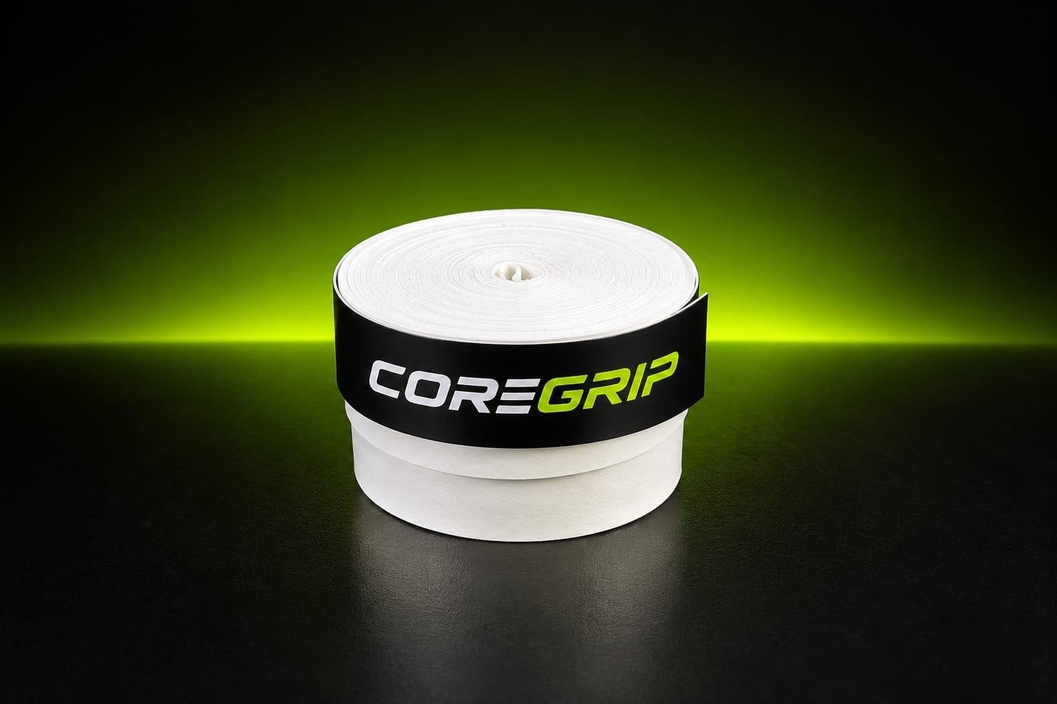 CoreGrip white padel overgrip roll with its black and lime-green branded finishing tape